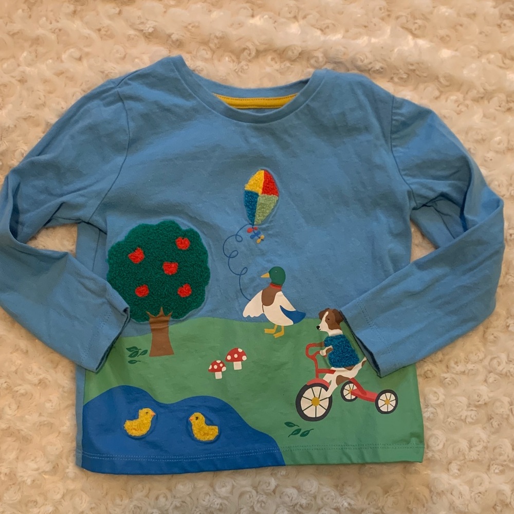 Baby Boden Blue Long-Sleeve Appliqué Tee with Playful Outdoor Scene, 3-4 year